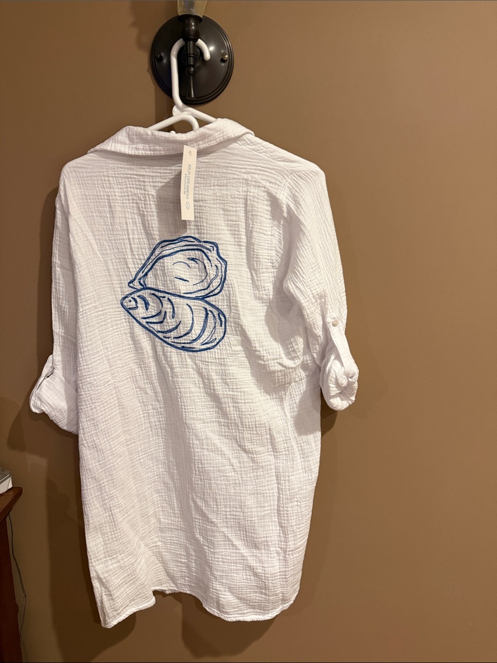 NWT-White Gauze Swim Cover-Up with Blue Shell Embroidery